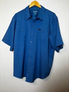 Orvis Men's Tech Chambray Work Shirt Sz XXL Blue Button Up Short Sleeve